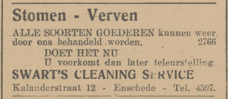 Kalanderstraat 12 Swart's Cleaning Service advertentie Twentsche Courant 15-12-1945.jpg