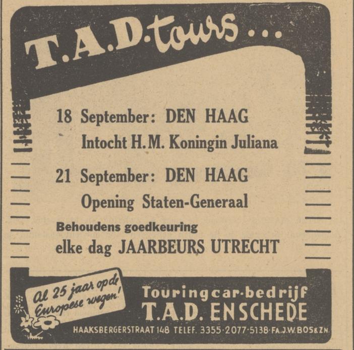 Haaksbergerstraat 148 Touringcarbedrijf T.A.D. Fa. J.W. Bos & Zn advertentie Tubantia 9-9-1948.jpg