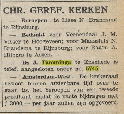 Blekerstraat 45 Ds. J. Tamminga bericht weekblad Kerknieuws 3-4-1948.jpg