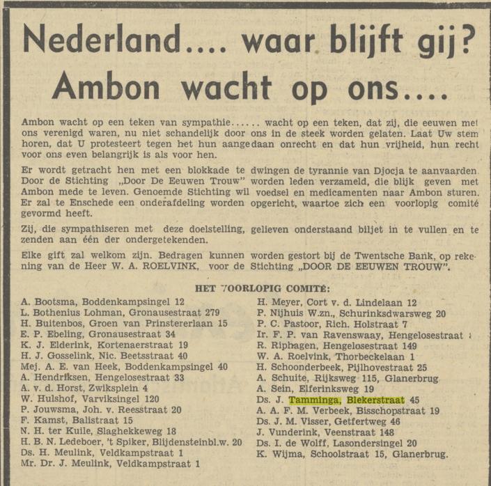 Blekerstraat 45 Ds. J. Tamminga advertentie Tubantia 3-6-1950.jpg
