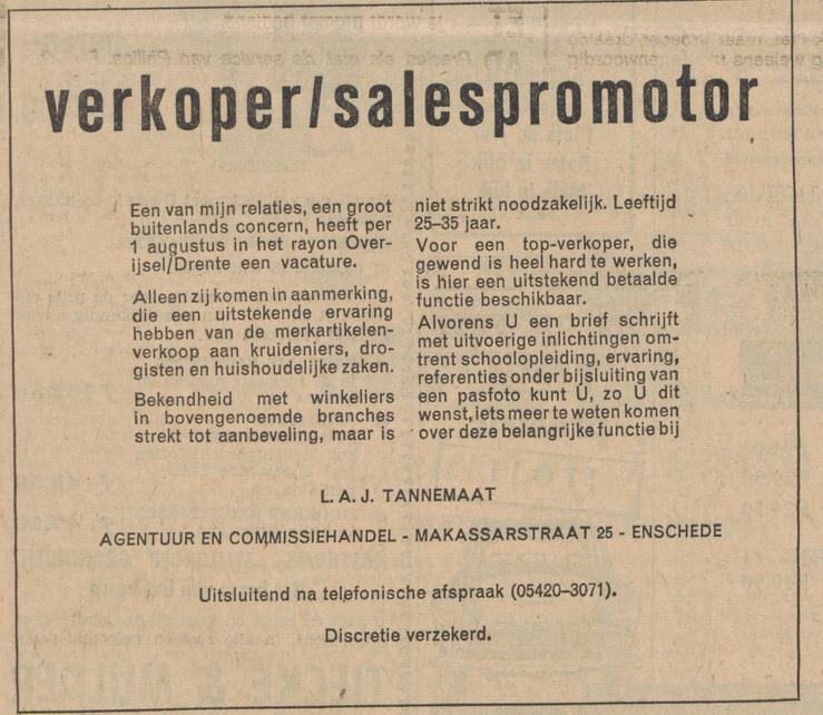 Makassarstraat 25 L.A.J Tannemaat Agentuur en Commissiehandel advertentie Tubantia 7-6-1963.jpg