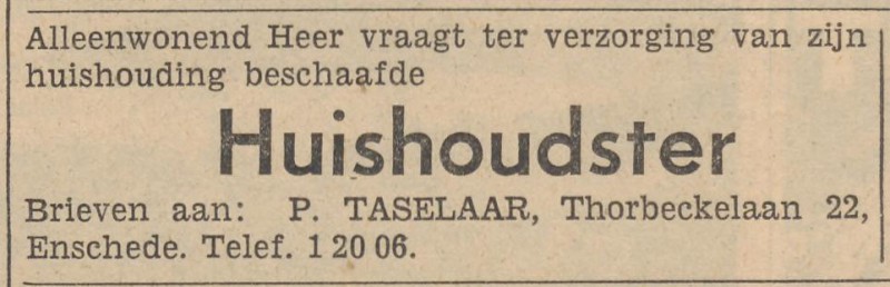 Thorbeckelaan 22 P. Taselaar advertentie Tubantia 5-9-1963.jpg