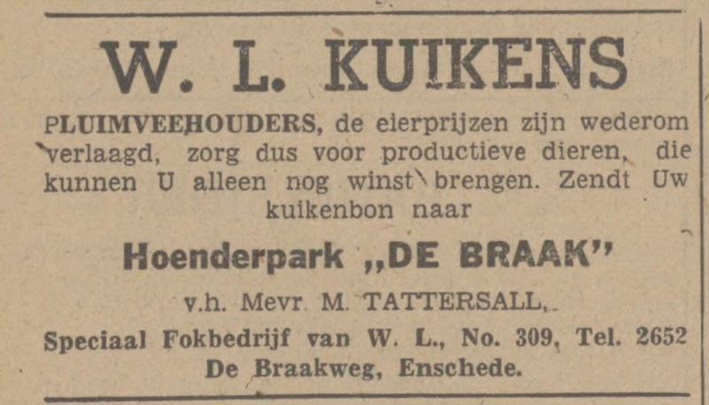 De Braakweg 141 Hoenderpark De Braak Mevr. M. Tattersall advertentie Tubantia 24-2-1948.jpg