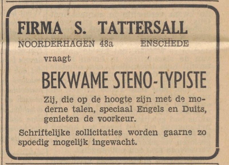 Noorderhagen 48a Firma S. Tattersall advertentie Tubantia 31-3-1954.jpg