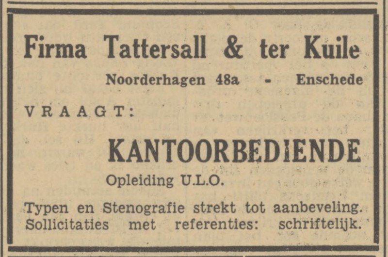 Noorderhagen 48a Firma Tattersall & ter Kuile advertentie Tubantia 22-1-1951.jpg