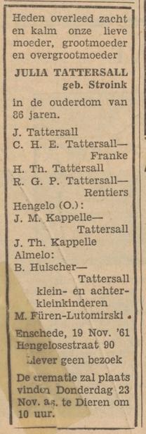 Hengelosestraat 60 Julia Tattersall-Stroink overlijdensadvertentie Tubantia 20-11-1961.jpg