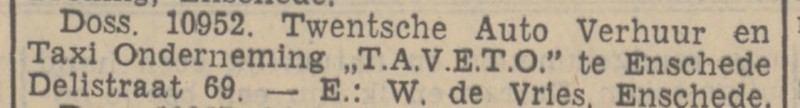 Delistraat 69 Twentsche Auto Verhuur En Taxi Onderneming T.A.V.E.T.O.  W. de Vries krantenbericht Tubantia 3-8-1937.jpg