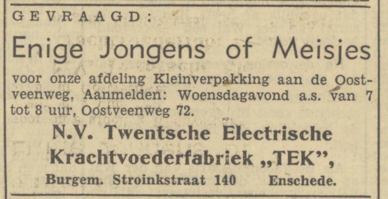 Burgemeester Stroinkstraat 140 N.V. Twentsche Electr. Krachtvoederfabriek TEK advertentie Tubantia 27-5-1950.jpg