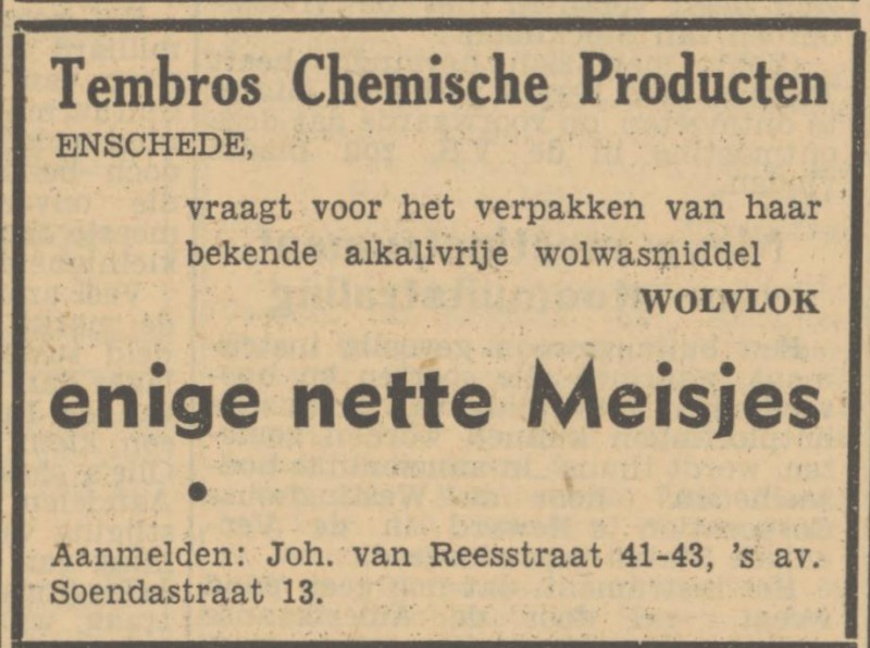 Johan van Reesstraat 41-43 Tembros Chemische Producten advertentie Tubantia 26-9-1950.jpg
