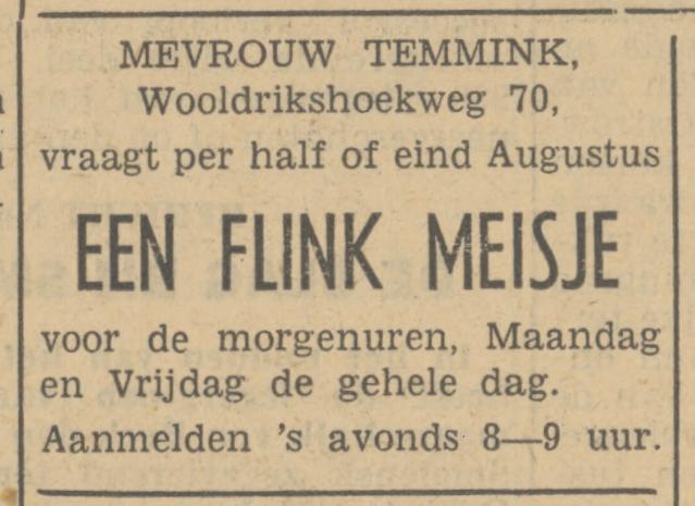 Wooldrikshoekweg 70 Mevr. Temmink advertentie Tubantia 6-8-1941.jpg