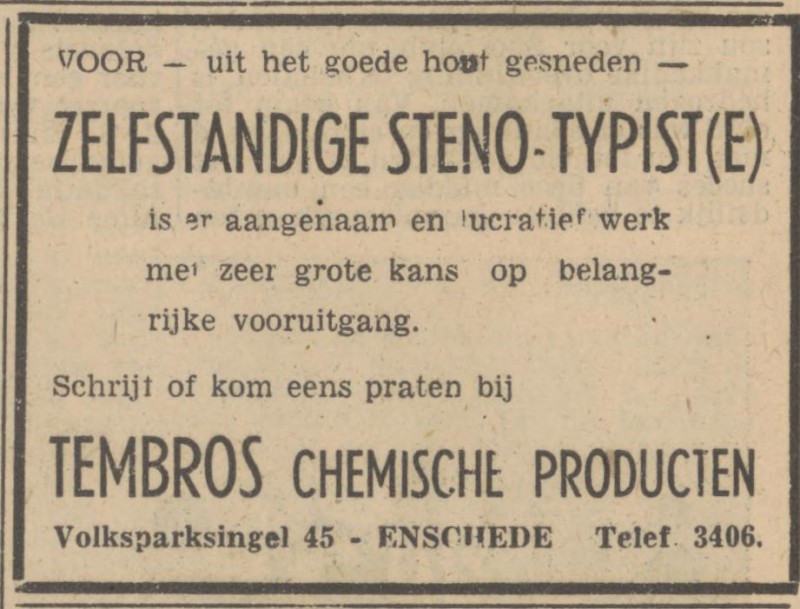 Volksparksingel 45 Tembros Chemische Producten advertentie Tubantia 27-10-1947.jpg