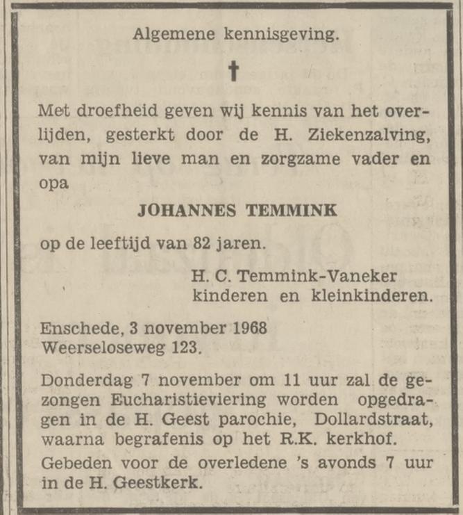 Weerseloseweg 123 Tohannes Temmink overlijdensadvertentie Tubantia 4-11-1968.jpg