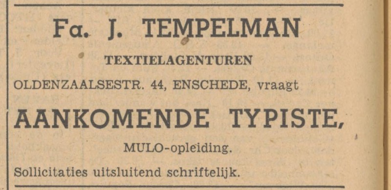 Oldenzaalsestraat 44 Fa. J. Tempelman Textielagenturen advertentie Tubantia 17-3-1949.jpg