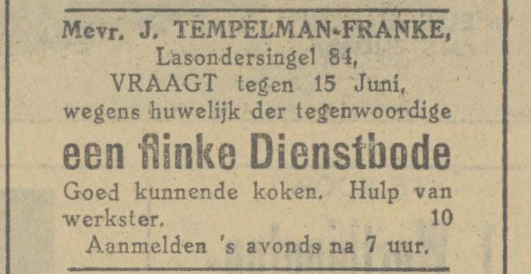 Lasondersingel 84 Mevr. J. Tempelman-Franke advertentie Tubantia 29-5-1929.jpg