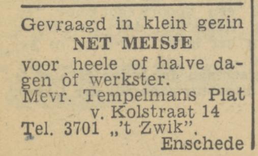 Van Kolstraat 14 Mevr. Tempelmans Plat advertentie Tubantia 7-12-1946.jpg