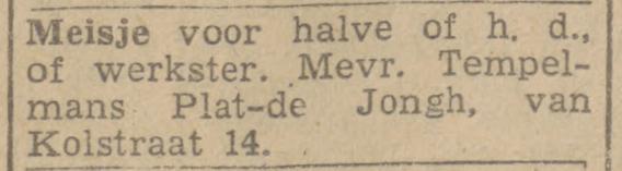 Van Kolstraat 14 Mevr. Tempelmans Plat advertentie Twentsch nieuwsblad 5-1-1945.jpg