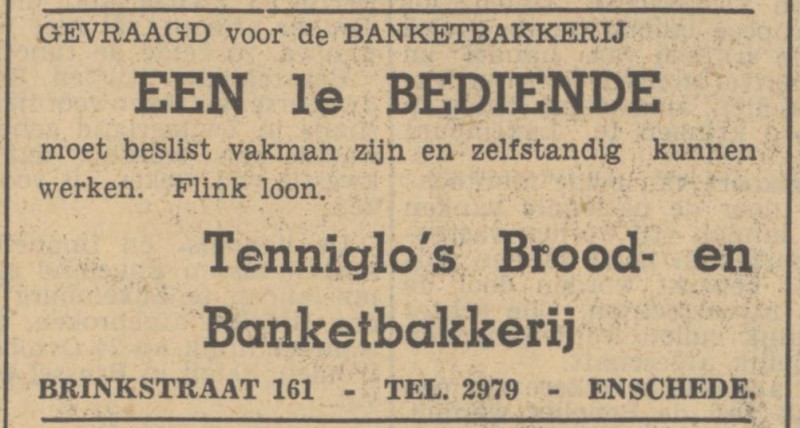 Brinkstraat 161 Brood- en banketbakkerij Tenniglo  advertentie Tubantia 17-10-1949.jpg