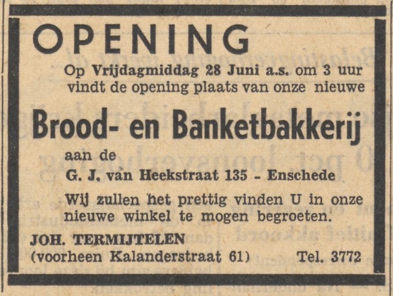Kalanderstraat 61 Brood- en Banketbakkerij Joh. Termijtelen advertentie Tubantia 27-6-1957.jpg