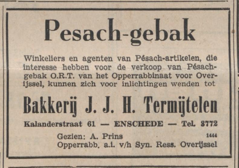Kalanderstraat 61 Bakkerij J.J.H. Termijtelen advertentie Nieuw Israelietisch weekblad 16-3-1951.jpg
