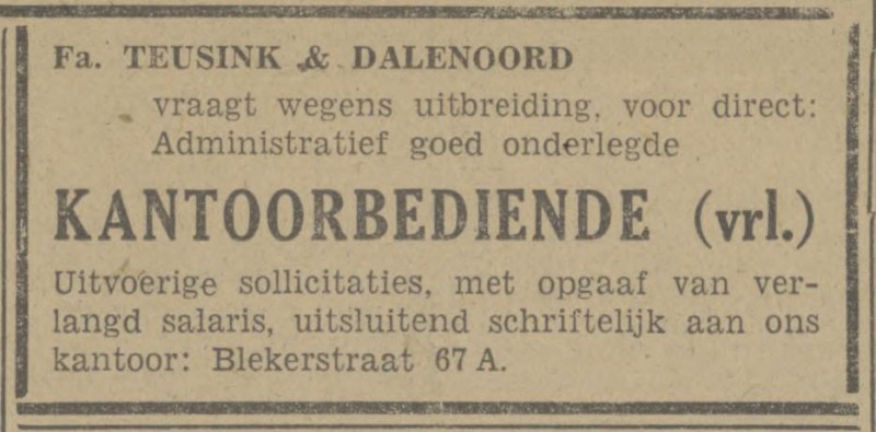 Blekerstraat 67a Fa. Teusink & Dalenoord advertentie Tubantia 2-4-1948.jpg