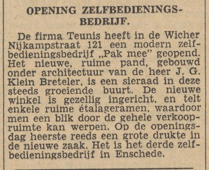 Wicher Nijkampstraat 121 Fa. Teunis zelfbedieningsbedrijf Pak mee krantenbericht Tubantia 23-10-1953.jpg