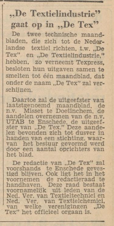 Redactie De Tex tijdschrift voor de textielindustrie.  krantenbericht Tubantia 29-4-1961.jpg