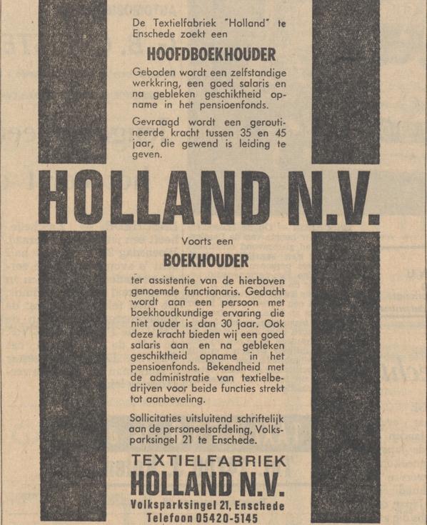 Volksparksingel 21 Textielfabriek Holland N.V. advertentie Tubantia 16-4-1965.jpg