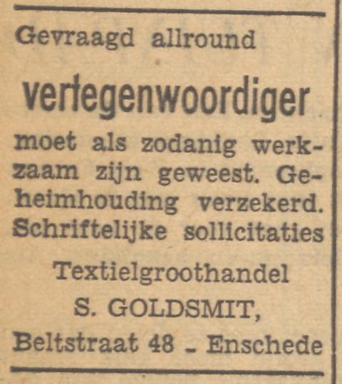 Beltstraat 48 S. Goldsmit Textiel Groothandel advertentie 15-5-1952.jpg