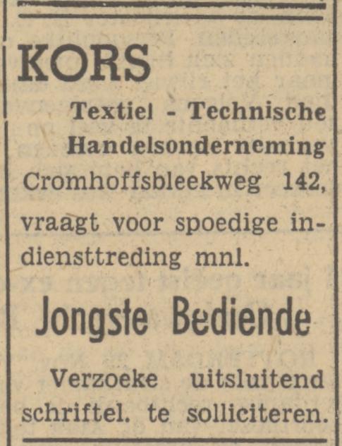 Cromhoffsbleekweg 142 Textiel Technische Handelsonderneming Kors advertentie Tubantia 29-11-1950.jpg