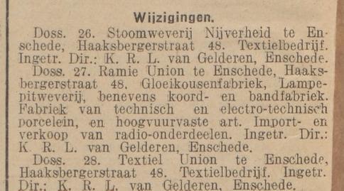 Haaksbergerstraat 48 Textiel Union en Stoomweverij Nijverheid en Gloeikousenfabriek Lampepitweberij Ramie Union krantenbericht Tubantia19-5-1928.jpg