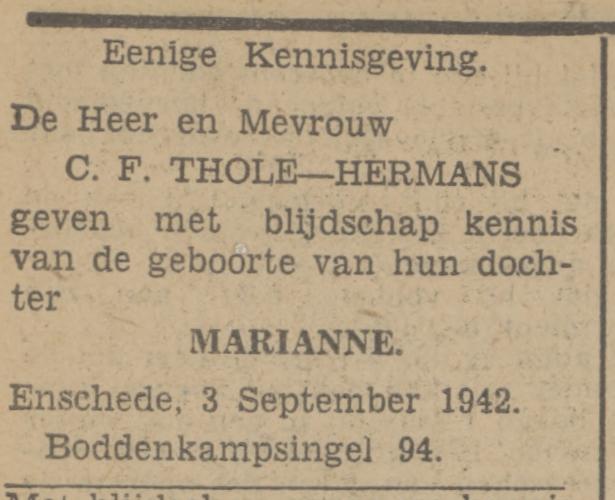 Boddenkampsingel 94 C.F. Thole advertentie Tubantia 4-9-1942.jpg