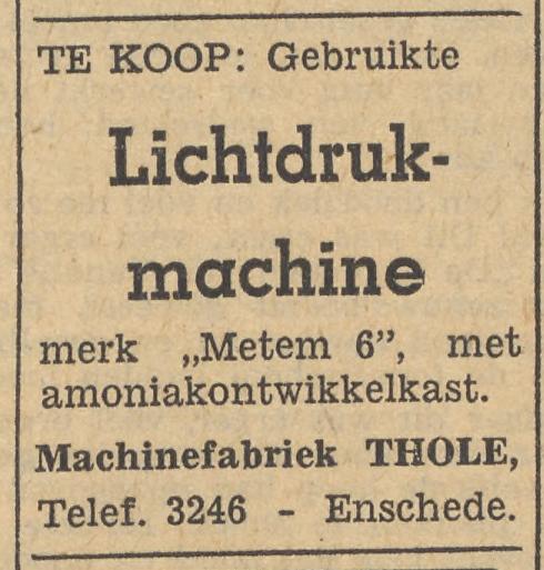 Tollenstraat 20 Machinefabriek Thole. telf. 3246. advertentie Tubantia 2-9-1954.jpg