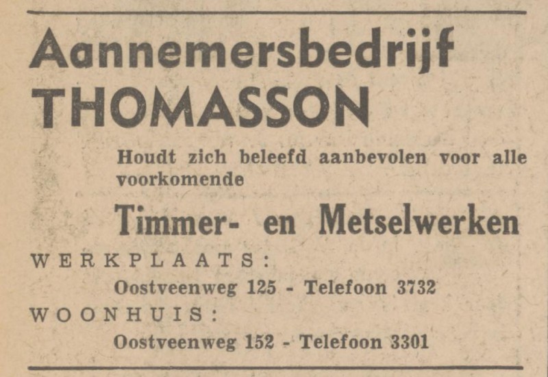 Oostveenweg 125 werkplaats Aannemersbedrijf Thomasson Timmer- en Metselwerken advertentie Tubantia 14-1-1947.jpg
