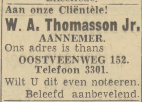 Oostveenweg 152 W.A. Thomasson Jr. Aannemer advertentie Twentsch nieuwsblad 13-4-1944.jpg