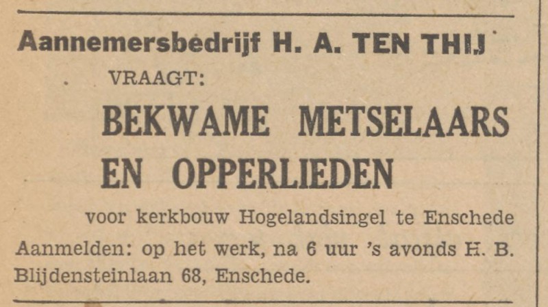 H.B. Blijdensteinlaan 68 Aannemersbedrijf H.A. ten Thij advertentie Tubantia 8-10-1953.jpg