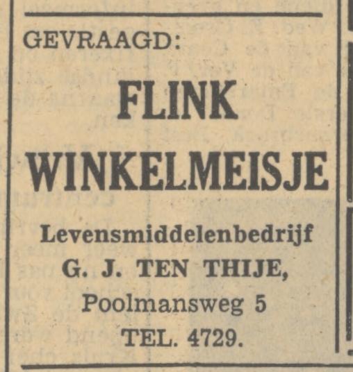Poolmansweg 5 Levensmiddelenbedrijf G.J. ten Thije advertentie Tubantia 14-10-1949.jpg
