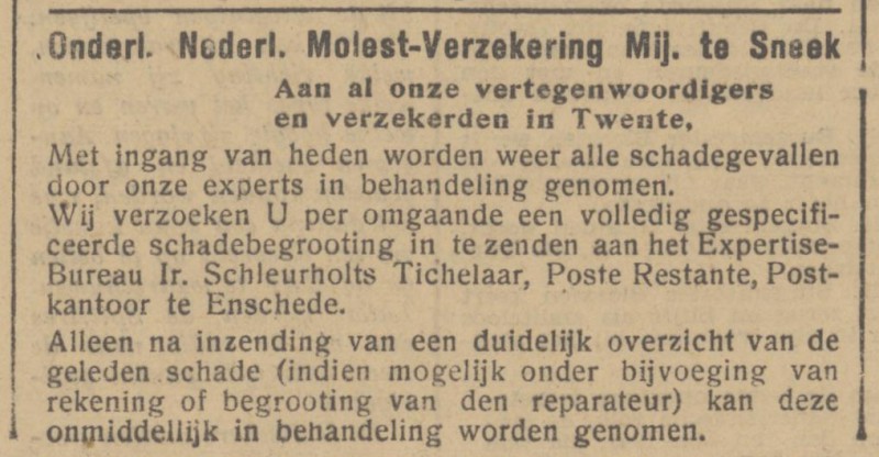 Expertisebureau Ir. Schleurgolts Tichelaar advertentie Het Parool 18-5-1945.jpg