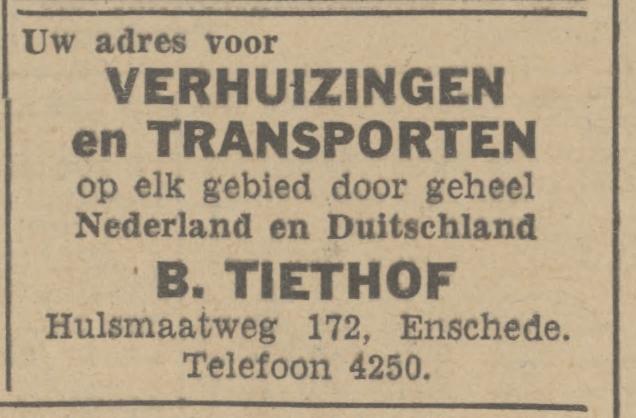 Hulsmaatweg 172 B. Tiethof verhuizingen en transporten avertentie Tubantia 24-6-1942.jpg