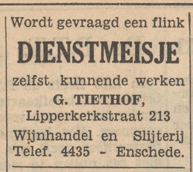 Lipperkerkstraat 213 Wijnhandel en slijterij G. Tiethof advertentie Tubantia 6-1-1954.jpg
