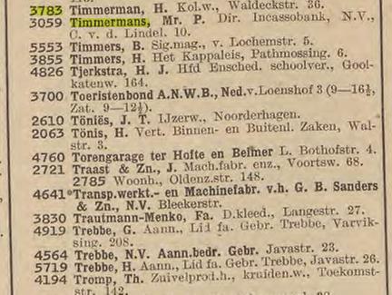 Waldeckstraat 36 H. Timmerman koloniale waren. telf. 3783. Telefoonboek 1943.jpg