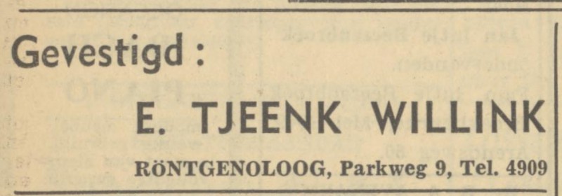 Parkweg 9 E. Tjeenk Willink Röntgenoloog advertentie Tubantia 4-6-1949.jpg