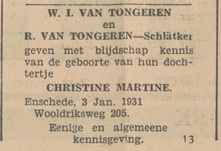 Wooldriksweg 205 W.I. van Tongeren advertentie Tubantia 5-1-1931.jpg
