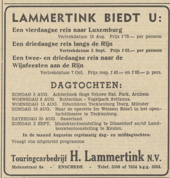 Molenstraat 4A Touringcarbedrijf H. Lammertink N.V. advertentie Tubantia 4-8-1951.jpg