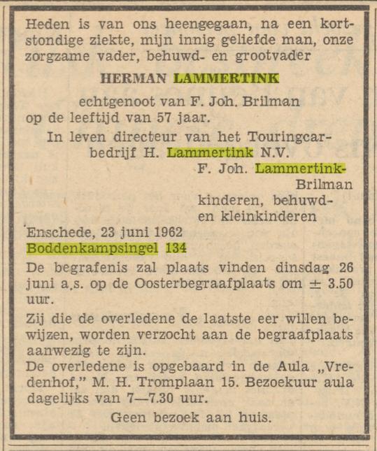 Boddenkampsingel 134 Herman Lammertink directeur Touringcarbedrijf H. Lammertink N.V. overlijdensadvertentie Tubantia 25-6-1962.jpg