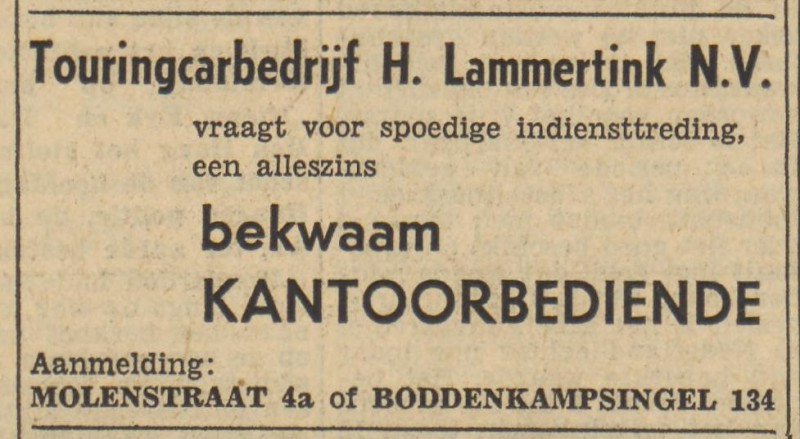 Boddenkampsingel 134 Touringcarbedrijf H. Lammertink N.V. advertentie Tubantia 9-6-1956.jpg