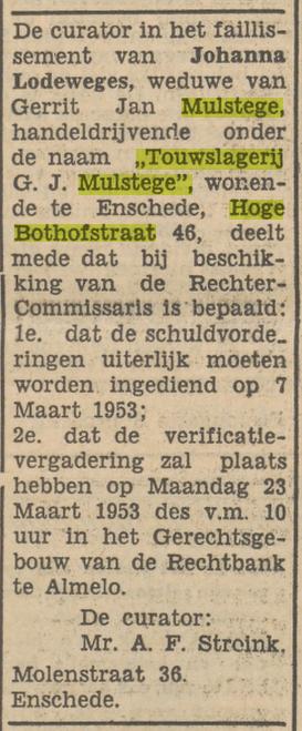 Hoge Bothofstraat 46 Touwslagerij G.J. Mulstege advertentie Tubantia 3-3-1953.jpg