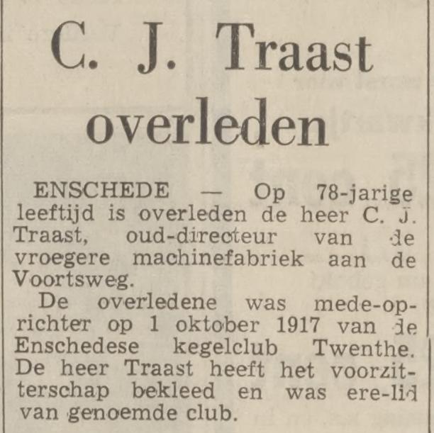 C.J. Traast directeur machinefabriek J. Traast & Zn overleden. krantenbericht Tubantia 25-8-1969.jpg