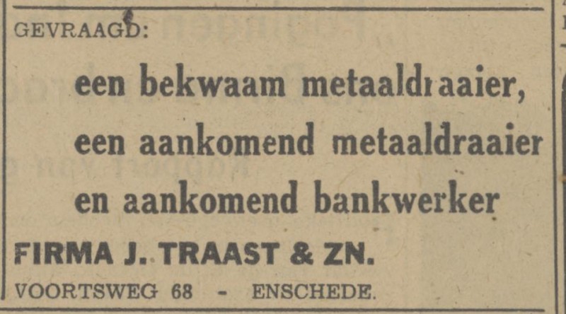 Voortsweg 68 Machinefabriek J. Traast & Zn advertentie Tubantia 26-2-1948.jpg