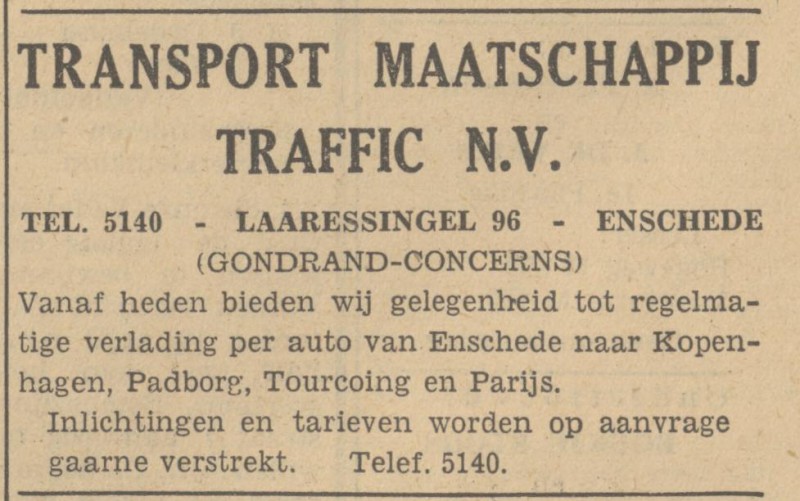 Laaressingel 96 Transport Maatschappij Traffic N.V. advertentie Tubantia 14-4-1949.jpg