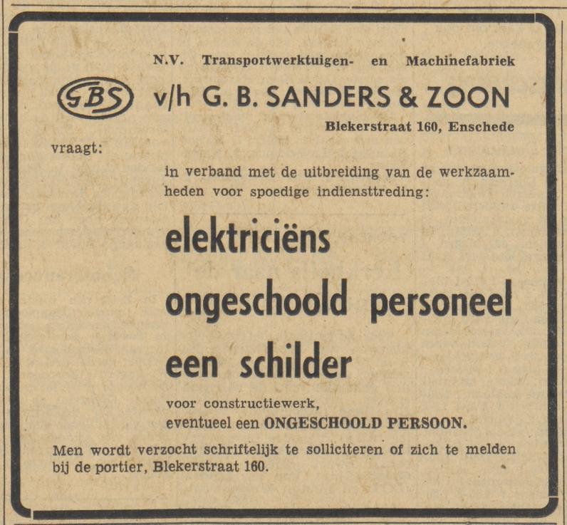Blekerstraat 160 N.V. Transportwerktuigen en Machinefabriek v.h. G.B. Sanders & Zoon advertentie Tubantia 13-9-1960.jpg